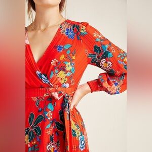 Anthropologie Red Floral Boswell Textured Wrap Dress